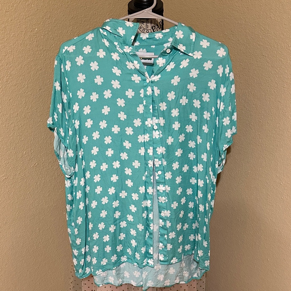 Tipsy Elves Teal and White Floral Blouse